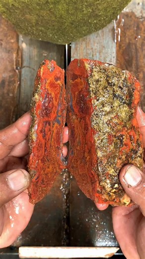 Yazid Ikhsani on Instagram: "One cut changes everything. This stone hides iron-rich, fire-colored patterns that look almost alive. Worth watching till the end. #StoneCutting #LapidaryArt"