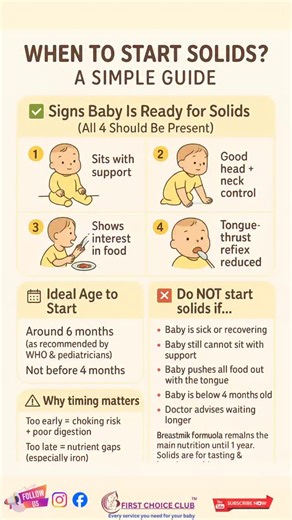 Confused about WHEN to start solids? Here’s the SIMPLE & SAFE guide every mom should save! 👶✨ Don’t rush, don’t stress — follow the signs 💛” ⸻ Starting solids is a BIG step, and the timing matters! Most babies are ready around 6 months, but every baby is different. Here’s a simple guide to help you know when it’s safe to begin. ⸻ ✅ Signs Baby Is Ready for Solids (All 4 Should Be Present) 1️⃣ Sits with support Baby can sit upright with little help. 2️⃣ Good head neck control No wobbling or fall