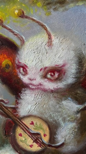 Meg Allan on Instagram: "In celebration of Banjo Bug’s adoption, here’s some different stages of creation. The preliminary line drawing, sleepy under painting, middle layers where he looks shocked/bemused and then the final cutesy look. I still have one painting available in ‘Waking Wonder’, Please see my bio for the link to the collection @moderneden ‘Banjo bug’ Oil on panel 5 x 7 in 8 x 10 in (f) (Sold) #oilpainters #magicalrealism #artcollecting"