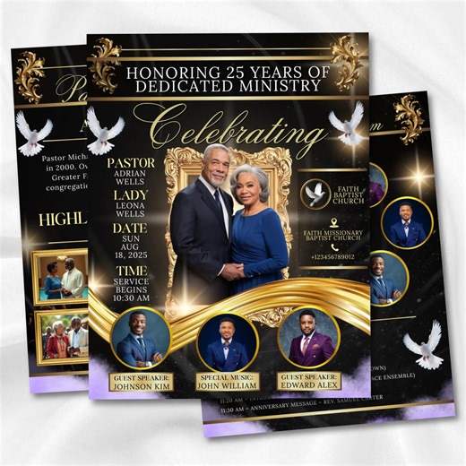 4 Page Pastor Anniversary Program Template, Black and Gold Church Anniversary Bi-fold Brochure, Canva Editable Pastor Appreciation Program - Etsy