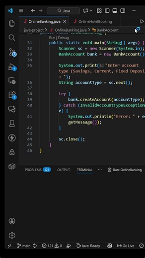 Java Custom Exception Example Invalid Account Type Handling in Online Banking System#learnjava