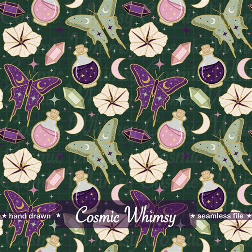Luna Moth Celestial Seamless Pattern Hand Drawn Midnight Apothecary Crystal Potion Floral Witchy Digital Paper Surface Design Emerald Green - Etsy
