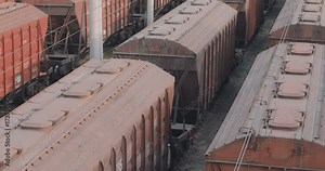 Freight train top view red moving heavy distributin industry railway station diesel container transit business way fast industrial freight load cargo