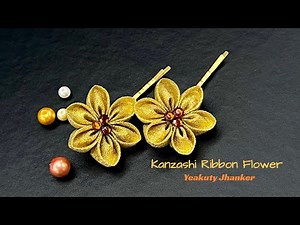 DIY Kanzashi Ribbon Flower Bobby Pin with Golden Glitter Ribbon. Easy, Step-by-Step Tutorial.
