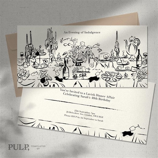 Classical European French Birthday or Dinner Party Template | Whimsical Food Sketch | Illustrated Banquet Still Life | 0035 - Etsy