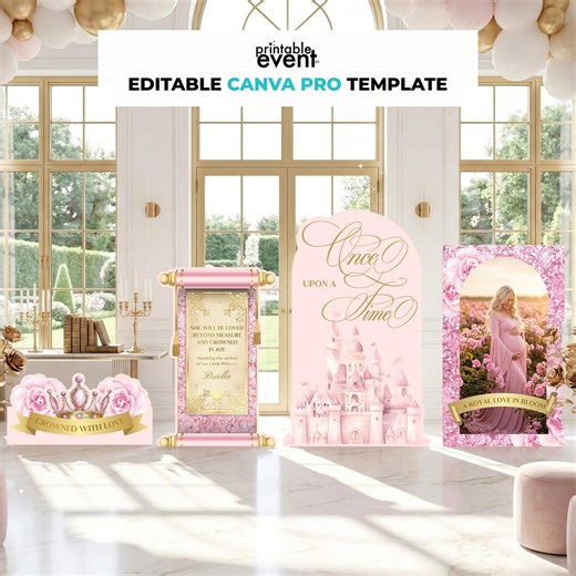 Princess Baby Shower Decor Bundle, Royal Baby Shower Decorations, Pink & Gold Princess, Printable Party Decor, Canva Pro Template - Etsy