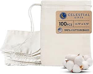 Cotton Muslin Bags 100 Count (2.75 x 3.75 inches) Natural Drawstring, made with 100% cotton in the USA by Celestial Gifts