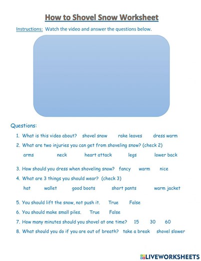 Shovel Snow Video worksheet