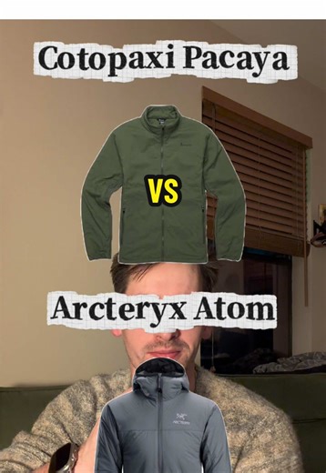 Technical Comparison: Cotopaxi Pacaya vs. Arc’teryx Atom In the world of high-output mid-layers, the Arc’teryx Atom has long been the industry standard. However, the Cotopaxi Pacaya offers a comparable set of technical specifications at a significantly lower price point. Key Performance Specifications: • Weight: The Pacaya weighs in at 13.5oz, nearly identical to the Atom’s 13.1oz. • Durability: Both jackets utilize a 20D nylon shell with a DWR finish for water resistance. • Insulation: The Paca