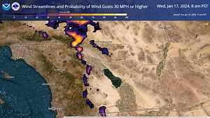 The video below shows the expected wind directions as well as probabilities of wind gusts exceeding 30 MPH from 6 AM Wednesday to 4 AM Thursday. 🤓 Certainly looking breezy over the mountains and deserts tomorrow! 🌬️🍃 Note for anyone on a mobile device: You may have to tap the "Expand" option in the bottom right twice to get a better zoom. | US National Weather Service San Diego California