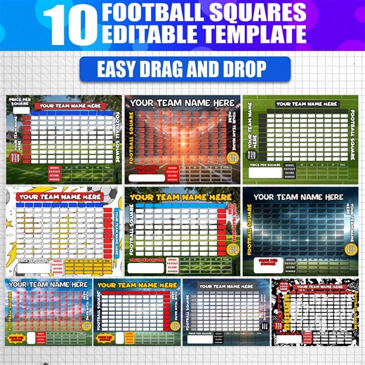 10x Football Squares Canva Editable Template | 100 Super Big Game Squares | Football Pool Fundraiser Template | Party Game - Etsy
