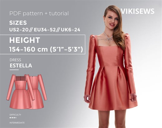 Estella Dress PDF Sewing Pattern With Tutorial, Size EU34-EU52 for 154-160 Cm Height - Etsy
