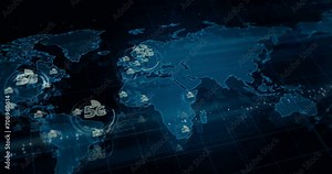 5G mobile network technology iot and smartphone communication symbols over world map. Seamless looped technology concept.