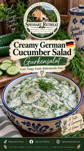 🇩🇪 Creamy German Cucumber Salad — Gurkensalat Cool, creamy, tangy, and full of fresh dill. This easy German cucumber salad is the perfect cold side dish—and letting the cucumbers drain first keeps it creamy instead of turning into cucumber soup. 😂 Ingredients: 3–4 cucumbers 1 cup sour cream 2 Tbsp white vinegar 1 Tbsp bottled lemon juice 1–2 tsp sugar ½ tsp black pepper 2–3 Tbsp fresh dill, chopped ½ small onion, very thinly sliced Salt Directions: Slice the cucumbers very thinly. Toss with a
