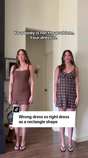 Rectangle body types, your dress style matters more than you think! Instead of a tight dress, try an A-line style! & follow for more rectangle body type outfit inspo styling tips Shop dresses through the ⛓️‍💥 in my bio! #RectangleBodyType #howtostyle #BodyTypeStyle #HowToDressYourBody