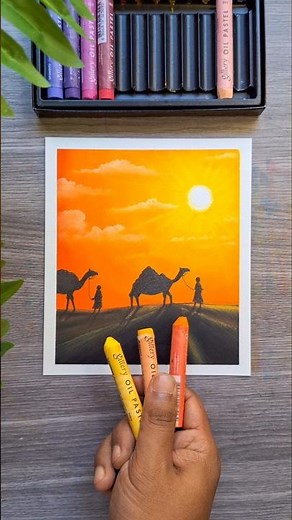 🌅 Desert Sunset Drawing with Camels | Easy Oil Pastel Art #drawing #new #oilpastel