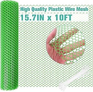 Plastic Mesh Fence Sheet 15.7IN x 10FT - 0.3IN Opening Plastic Chicken Wire Netting Roll Durable for Dogs, Poultry, Puppy, Garden Snake Barrier with 50 Pcs Zip Ties - Green