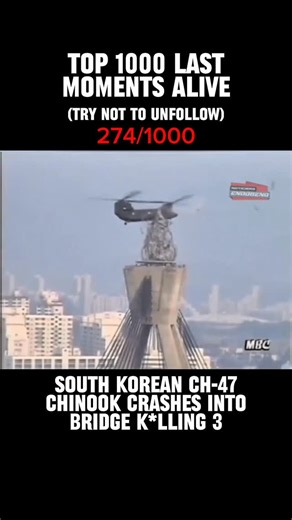 Last Moments Alive on Instagram: "Captured live on television on May 29, 2001, this video shows a South Korean Army CH-47D Chinook helicopter conducting a precision lift over Olympic Bridge in Seoul. The aircraft was installing a flame-shaped Olympic sculpture when, during a low hover, its rotor system struck the bridge. The impact caused an immediate loss of control, and the helicopter broke apart before crashing between the bridge and the Han River. Three military personnel were killed. No civ