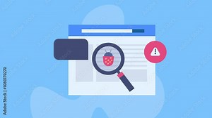 Website bug fixing, scan alert error in web application, debugging code and software update technology concept, video animation.