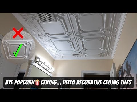 ✅￼How To Cover Popcorn Ceiling Without Removing Using 24"x24" Ceiling using Decorative Ceiling Tiles