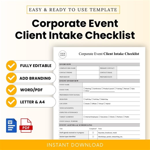 Corporate Event Client Intake Checklist Template – Word & PDF, A4   US Letter - Etsy Australia