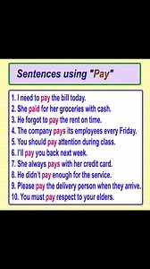 2.3K views · 58 reactions | Sentence using the word "Pay" "Pay" meaning with example sentence Learn English sentences English learning English vocabulary building #vocabularywords #englishvocabulary #englishgrammarlesson #englishteacher #learningenglish #englishtips #pay #payinasentence #learningenglish | English Learning | Facebook