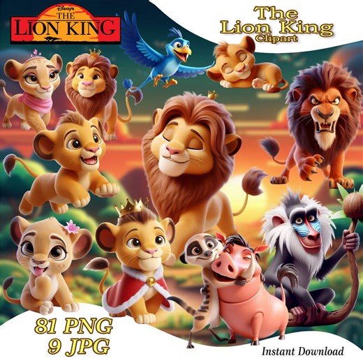 Paquete de imágenes prediseñadas de El Rey León: 81 imágenes PNG de Simba, Nala, Rafiki y animales de safari en 3D. Descarga digital para decoración de fiestas y sublimación. - Etsy España
