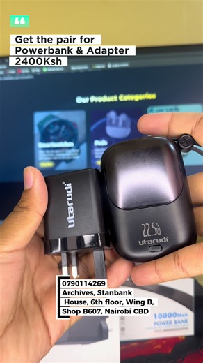 Utarudi 10000mAh portable powerbank with cables Details: Fast charging portable powerbank, with cables, affordable Features: 1 year warranty 22.5W fast charging Attached type C cable Attached cable also act as lanyard Attached iPhone cable Type C in and out port 10000mAh capacity Digital power display Ksh 1650 Utarudi 22.5 Adapter with Retractable Type C Cable Details: Only fast charger available at our store with inbuilt cable. Features: 22.5W Fast Charging UK plug Attached Retractable type C c