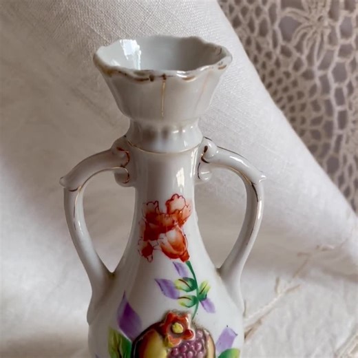 Vintage Hand Painted Moriage Style Vases | Occupied Japan Pomegranate Pair | Double Handle Floral Bud Vases - Etsy