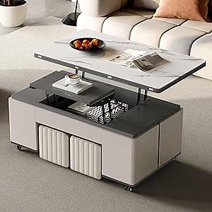 39.37" L Lift Top Coffee Table for Living Room with 2 Stools，Center Table for Small Space, Extenable Dining Table with Storage for Dining Room, Side Table with Moveable Wheels, Grey End Table