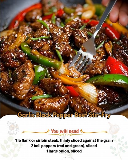 Garlic Black Pepper Beef Stir-Fry Ingredients: For the Beef & Veggies: 1 lb flank or sirloin steak, thinly sliced against the grain 2 bell peppers (red and green), sliced 1 large onion, sliced 2 tbsp vegetable oil For the Sauce: ¼ cup soy sauce 2 tbsp oyster sauce 1 tbsp cornstarch 1 tbsp brown sugar 2 garlic cloves, minced ½ cup beef broth or water 1 tsp sesame oil (optional) ½ tsp freshly ground black pepper Directions: Make the Sauce: In a bowl, whisk together soy sauce, oyster sauce, cornsta