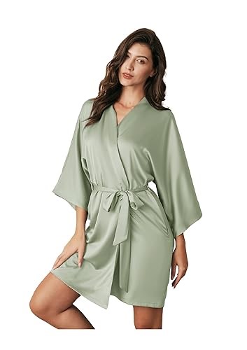 AW BRIDAL Silk Robes for Women, Short Bridesmaid Robes for Bridal Wedding Party, Bride Satin Bathrobe with Long