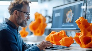 Download A man is working on a computer with a 3d printed object for free