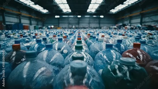 Plastic bottles fill massive warehouse for recycling storage. Waste bottles crowd warehouse showing pollution crisis. Plastic recycling warehouse stores bottles. Waste collection in storage facility.