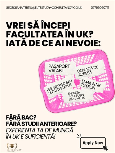 🎓 𝐈𝐧𝐬𝐜𝐫𝐢𝐞𝐫𝐢 𝐝𝐞𝐬𝐜𝐡𝐢𝐬𝐞 𝐩𝐞𝐧𝐭𝐫𝐮 𝐬𝐞𝐬𝐢𝐮𝐧𝐞𝐚 𝐚𝐩𝐫𝐢𝐥𝐢𝐞-𝐢𝐮𝐧𝐢𝐞 𝟐𝟎𝟐𝟔 ⭐️ Cu o calificare poți avansa la locul de muncă sau poți aplica pentru un job mai bun și bine plătit. 🎓 Studii flexibile în domenii precum: Business, Management, Marketing, Psihologie, Design, Health & Social Care, Law, Muzică, Fashion 💷 Finanțare disponibilă 🤝 Suport complet pentru admitere Cerințe minime: Engleză cel puțin nivel mediu Pre-settle/Settle status 📄 Poți aplica: — fie cu dip