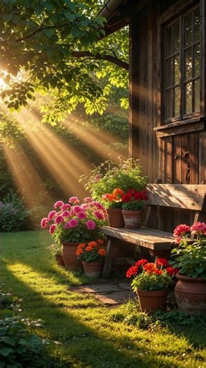 a cozy wooden house garden in the morning
