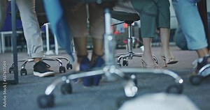 Walking, shoes and meeting with business people sitting in the boardroom for planning or strategy. Chair, feet and carpet with a team at the office, working in collaboration for growth in a workshop