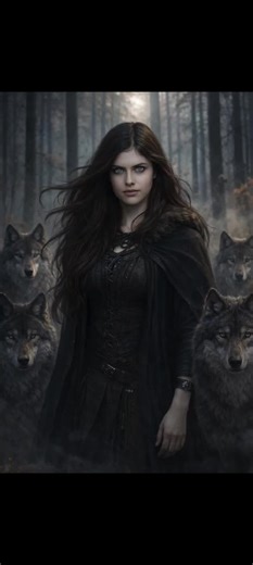 PROMPT: Create portrait based on attached image. A mystical woman with flowing hair stands calmly in the heart of a misty forest, surrounded by a protective pack of gray wolves. Her piercing eyes subtly gleam with ancient power. She wears dark medieval fantasy clothing with textured fabric and earthy tones. The wolves are highly detailed, realistic fur, alert expressions, forming a circle around her. Soft mist drifts through tall trees, muted autumn colors in the background, cinematic depth of f