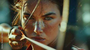 A female archer aiming her bow at a distant target, capturing the concentration in her eyes and the taut bowstring. Summer sports