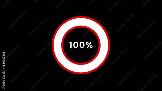 100 percent completed circle animation, bright white progress ring, red glowing outline loader, percentage counter loop, minimal progress indicator, smooth loading meter, clean progress bar design. 4K