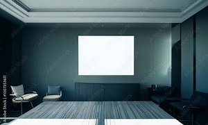 Interior of a spacious conference room with empty projection screen and mock walls