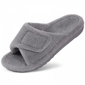 Litfun Women's Orthopedic Slippers with Arch Support Adjustable Coral Velvet Slide Slippers Open Toe House Shoes, Grey