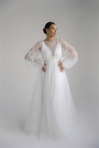 Plus Size Wedding Dress,luxury Prom Dress. Fairy Bridal Gown With Tulle Puff Sleeves and V Open Back. - Etsy