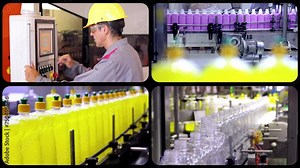Detergent, Liquid Soap and Fabric Softener Manufacturing - Split Screen Video. Industrial Production of Cleaning Products. Liquid Detergent and Fabric Softener Filling Line. Bottling Equipment.