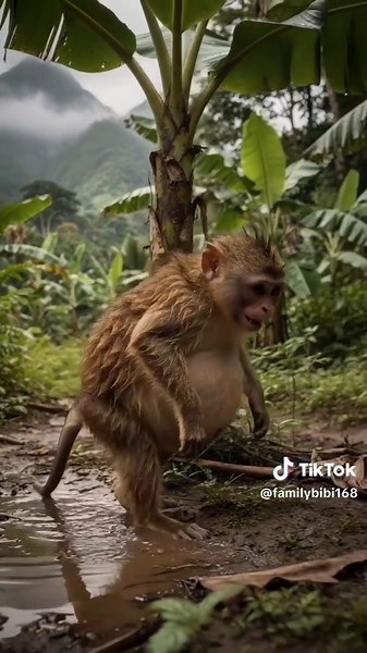 Poor big monkey gave birth under the pouring rain, unexpectedly hearing the little baby scream in pain.#FunnyMonkey #MonkeyPrank #funnyVideo #AnimalComedy #ViralVideo