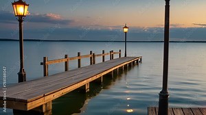 Video animation of wooden pier extends into a calm lake, flanked by two lamp posts with illuminated lights. The sky, painted in twilight hues, reflects softly on the still water