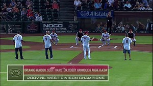 Anybody, anytime. Orlando Hudson, Scott Hairston, Robby Hammock and Augie Ojeda throw out the ceremonial first pitch(es) as part of tonight's Throwback Thursday game celebrating the #GenerationDbacks 2007 NL West championship team. | Arizona Diamondbacks