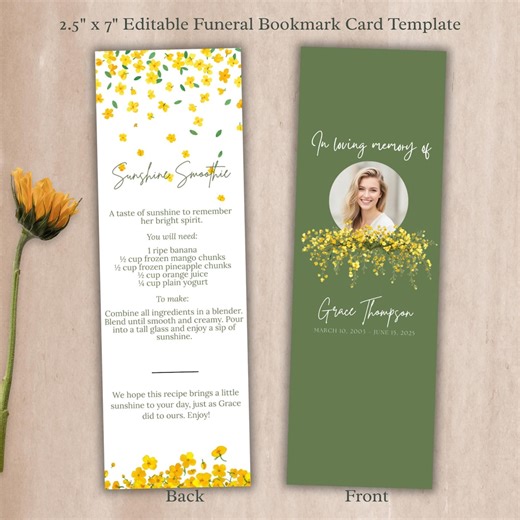 Sunshine Memorial Recipe Bookmark Template (canva Editable, 2.5x7) (digital Download) - Etsy