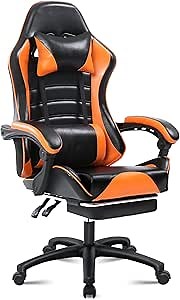 Gaming Chair Office Chair with Massage Lumbar Support, Big and Tall Computer Chair for Adults, PU Leather High Back Adjustable Swivel Gamer Chair with Footrest, Orange