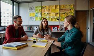 An energetic workshop session with professionals seated around a table, intensely discussing ideas and writing on sticky notes